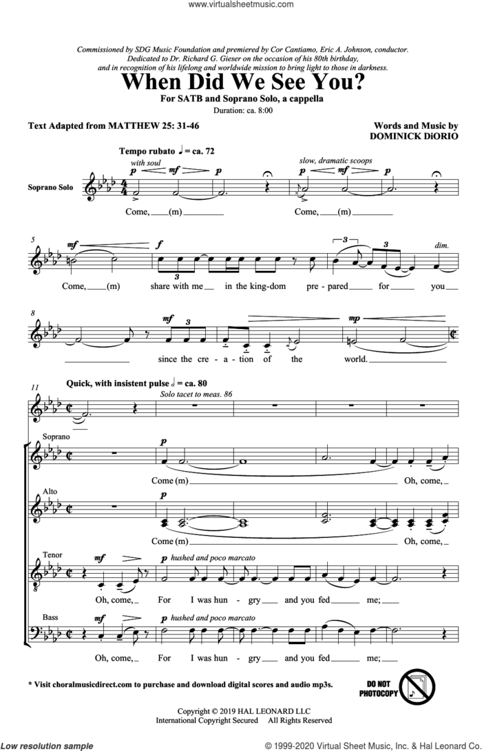 When Did We See You? sheet music for choir (SATB: soprano, alto, tenor, bass) by Dominick DiOrio, intermediate skill level