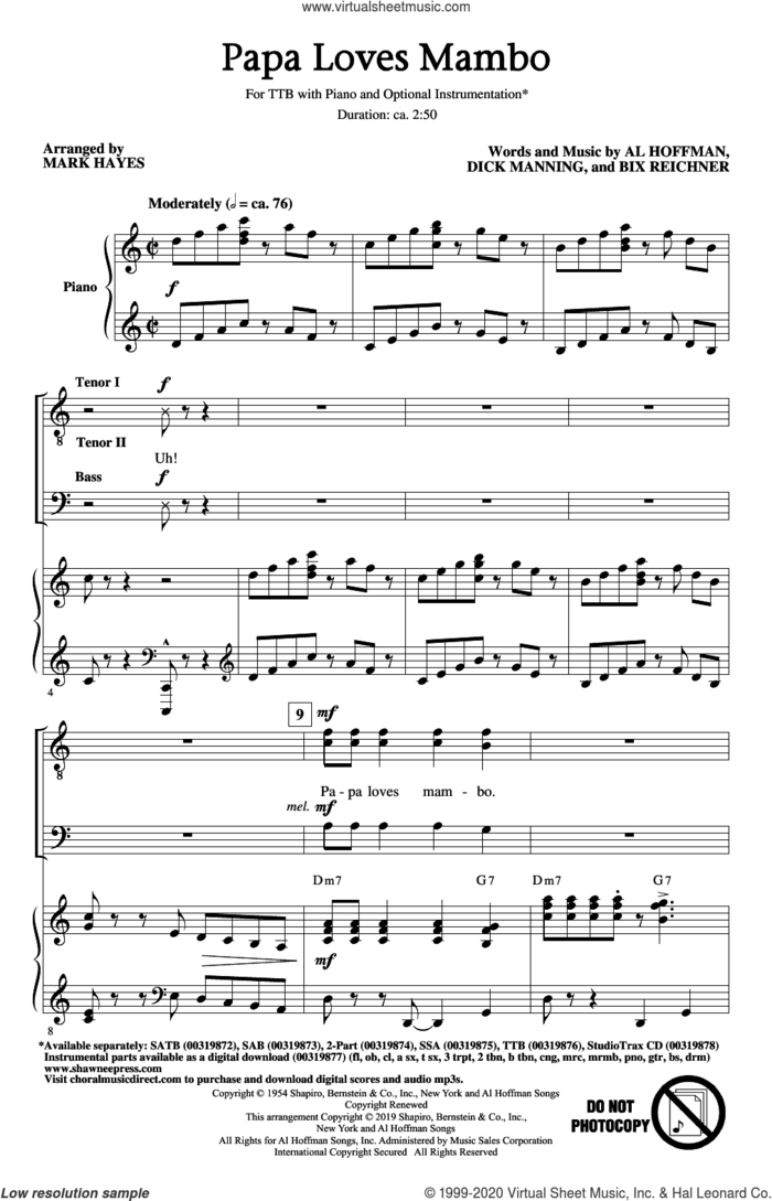 Papa Loves Mambo (arr. Mark Hayes) sheet music for choir (TTBB: tenor, bass) by Perry Como, Mark Hayes, Al Hoffman, Bix Reichner and Dick Manning, intermediate skill level