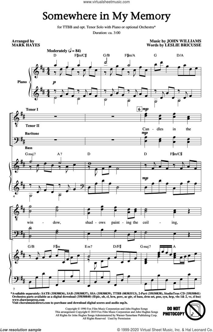 Somewhere In My Memory (from Home Alone) (arr. Mark Hayes) sheet music for choir (TTBB: tenor, bass) by John Williams, Mark Hayes and Leslie Bricusse, intermediate skill level