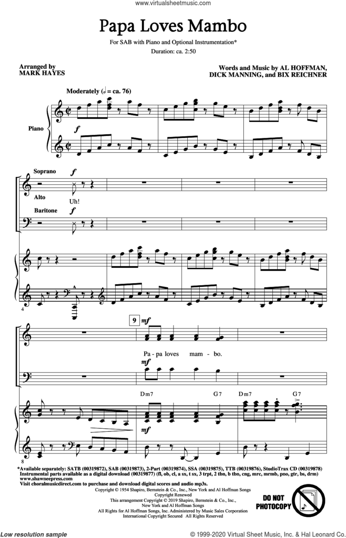 Papa Loves Mambo (arr. Mark Hayes) sheet music for choir (SAB: soprano, alto, bass) by Perry Como, Mark Hayes, Al Hoffman, Bix Reichner and Dick Manning, intermediate skill level