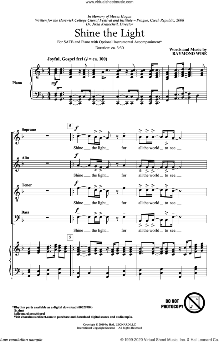 Shine The Light sheet music for choir (SATB: soprano, alto, tenor, bass) by Raymond Wise, intermediate skill level