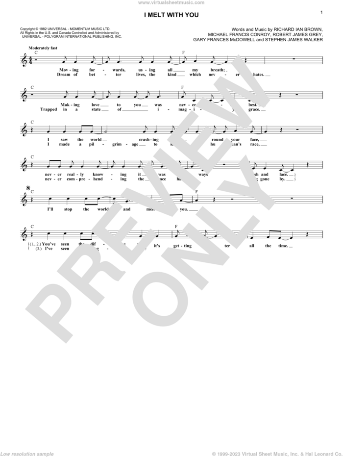 I Melt With You sheet music for voice and other instruments (fake book) by Modern English, Gary Frances McDowell, Michael Francis Conroy, Richard Ian Brown, Robert James Grey and Stephen James Walker, intermediate skill level