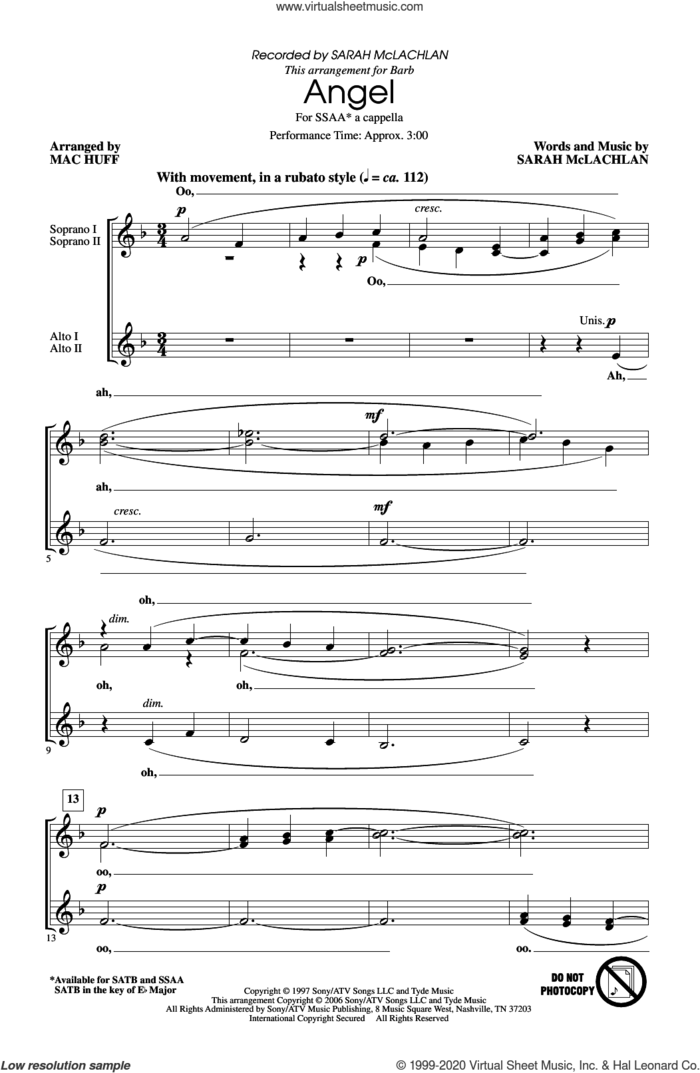 Angel (arr. Mac Huff) sheet music for choir (SSA: soprano, alto) by Sarah McLachlan and Mac Huff, intermediate skill level
