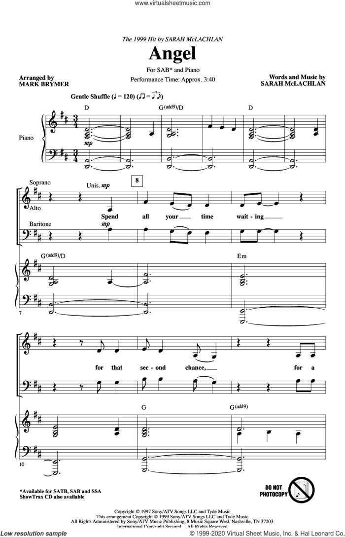 Angel (arr. Mark Brymer) sheet music for choir (SAB: soprano, alto, bass) by Sarah McLachlan and Mark Brymer, intermediate skill level