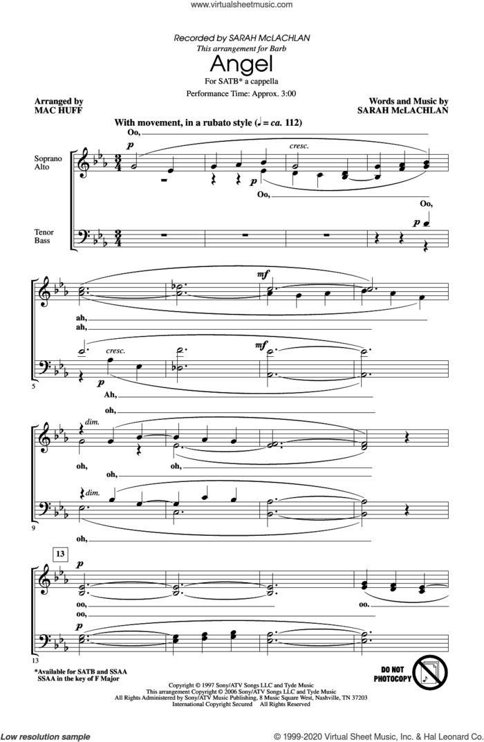Angel (arr. Mac Huff) sheet music for choir (SATB: soprano, alto, tenor, bass) by Sarah McLachlan and Mac Huff, intermediate skill level