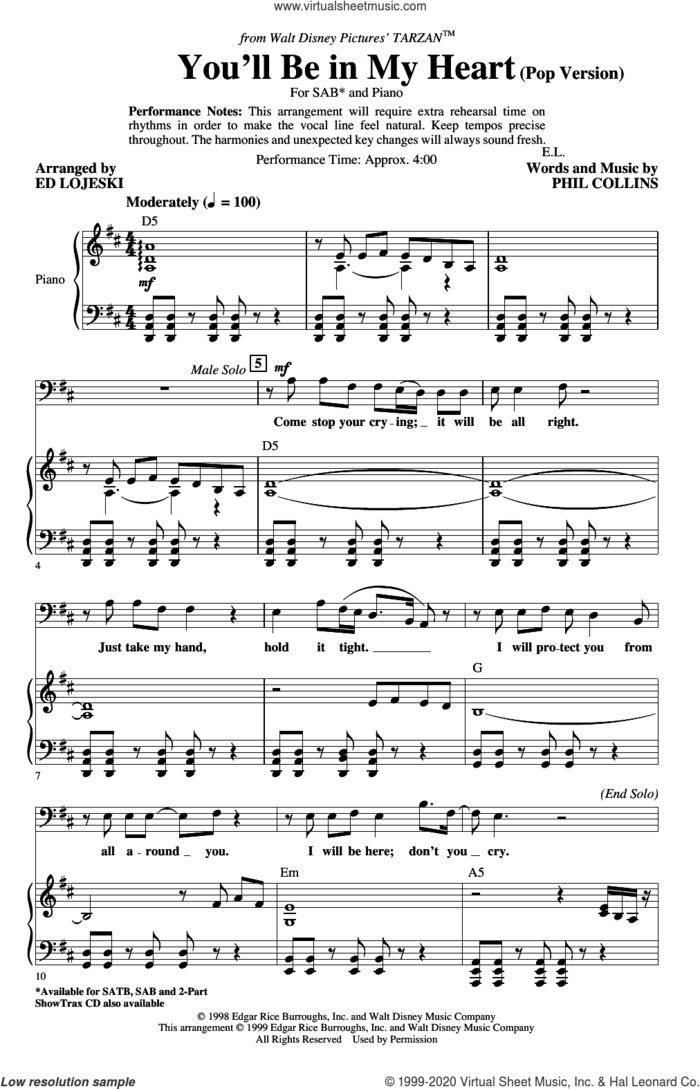 You'll Be In My Heart (Pop Version) (from Tarzan) (arr. Ed Lojeski) sheet music for choir (SAB: soprano, alto, bass) by Phil Collins and Ed Lojeski, intermediate skill level