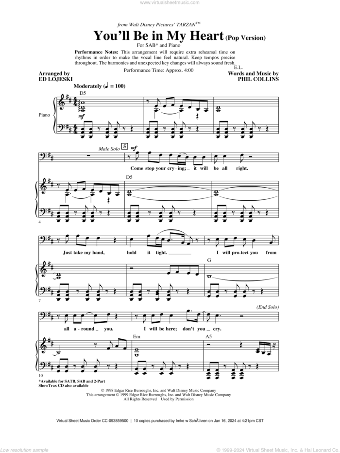 You'll Be In My Heart (Pop Version) (from Tarzan) (arr. Ed Lojeski) sheet music for choir (SAB: soprano, alto, bass) by Phil Collins and Ed Lojeski, intermediate skill level