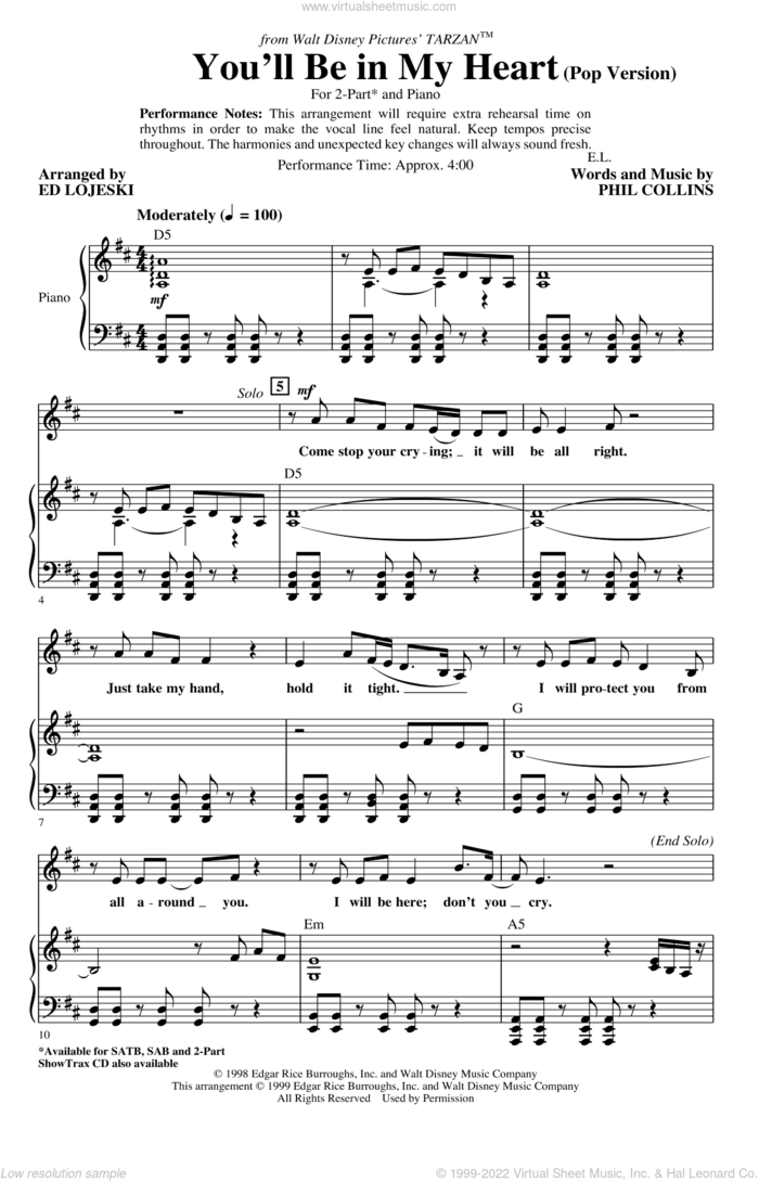 You'll Be In My Heart (Pop Version) (from Tarzan) (arr. Ed Lojeski) sheet music for choir (2-Part) by Phil Collins and Ed Lojeski, intermediate duet