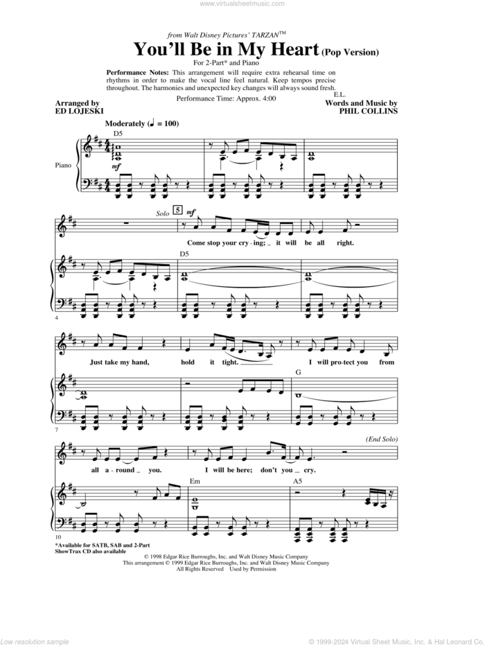 You'll Be In My Heart (Pop Version) (from Tarzan) (arr. Ed Lojeski) sheet music for choir (2-Part) by Phil Collins and Ed Lojeski, intermediate duet