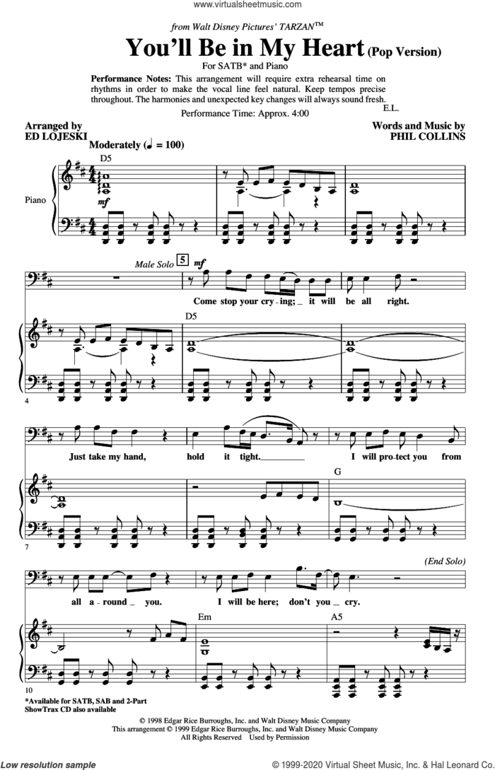 You'll Be In My Heart (Pop Version) (from Tarzan) (arr. Ed Lojeski) sheet music for choir (SATB: soprano, alto, tenor, bass) by Phil Collins and Ed Lojeski, intermediate skill level