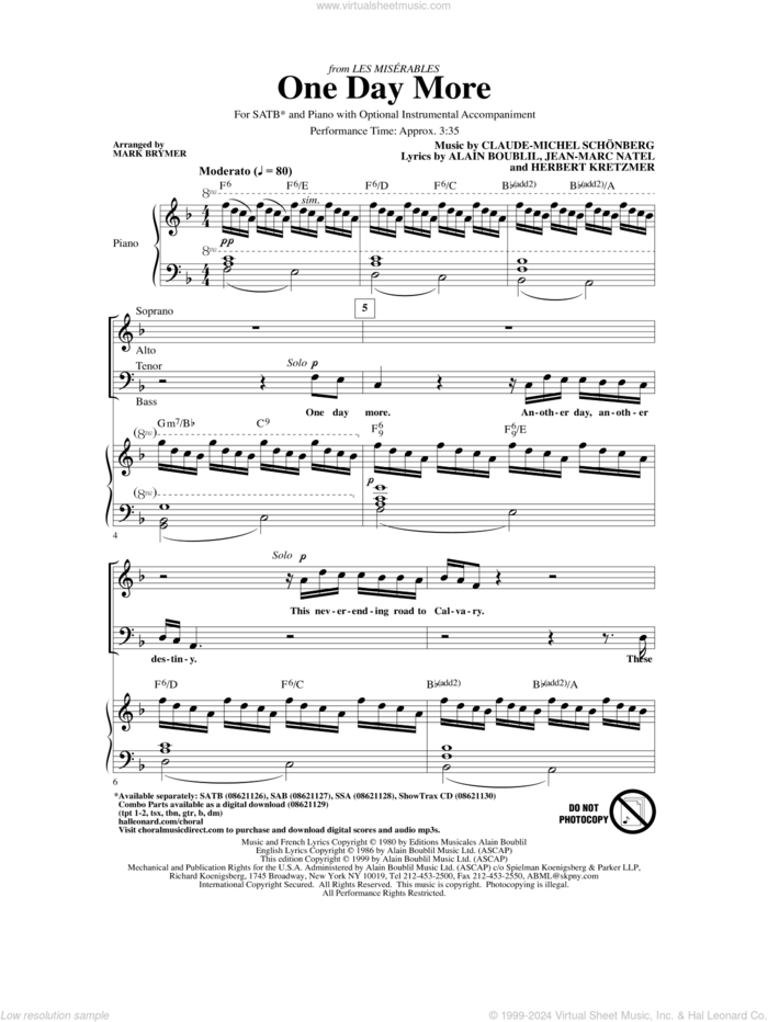 One Day More (from Les Miserables) (arr. Mark Brymer) sheet music for choir (SATB: soprano, alto, tenor, bass) by Alain Boublil, Mark Brymer, Boublil & Schonberg, Claude-Michel Schonberg, Herbert Kretzmer and Jean-Marc Natel, intermediate skill level