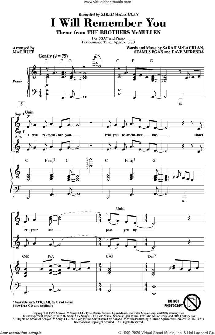I Will Remember You (arr. Mac Huff) sheet music for choir (SSA: soprano, alto) by Sarah McLachlan, Mac Huff, Dave Merenda and Seamus Egan, intermediate skill level