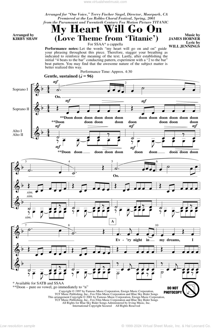 My Heart Will Go On (Love Theme From Titanic) (arr. Kirby Shaw) sheet music for choir (SSA: soprano, alto) by Celine Dion, Kirby Shaw, James Horner and Will Jennings, wedding score, intermediate skill level