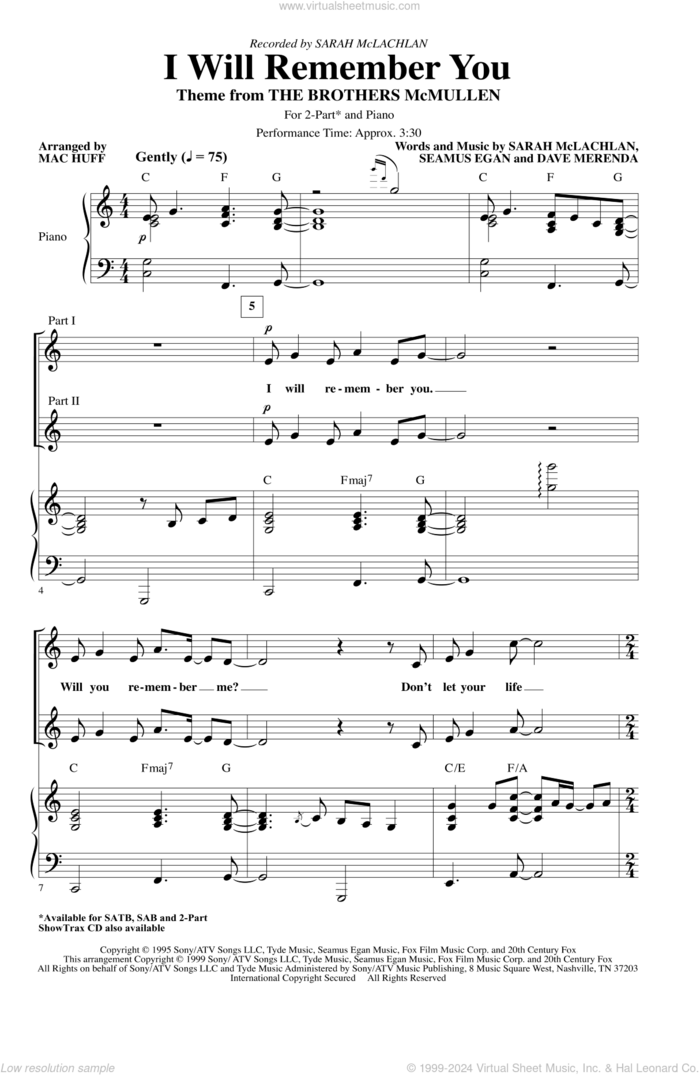 I Will Remember You (arr. Mac Huff) sheet music for choir (2-Part) by Sarah McLachlan, Mac Huff, Dave Merenda and Seamus Egan, intermediate duet