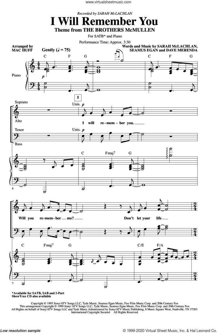 I Will Remember You (arr. Mac Huff) sheet music for choir (SATB: soprano, alto, tenor, bass) by Sarah McLachlan, Mac Huff, Dave Merenda and Seamus Egan, intermediate skill level