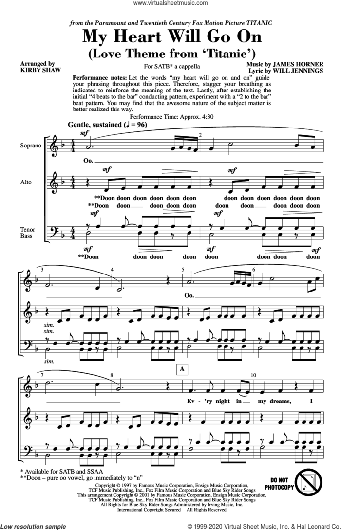 My Heart Will Go On (Love Theme From Titanic) (arr. Kirby Shaw) sheet music for choir (SATB: soprano, alto, tenor, bass) by Celine Dion, Kirby Shaw, James Horner and Will Jennings, wedding score, intermediate skill level