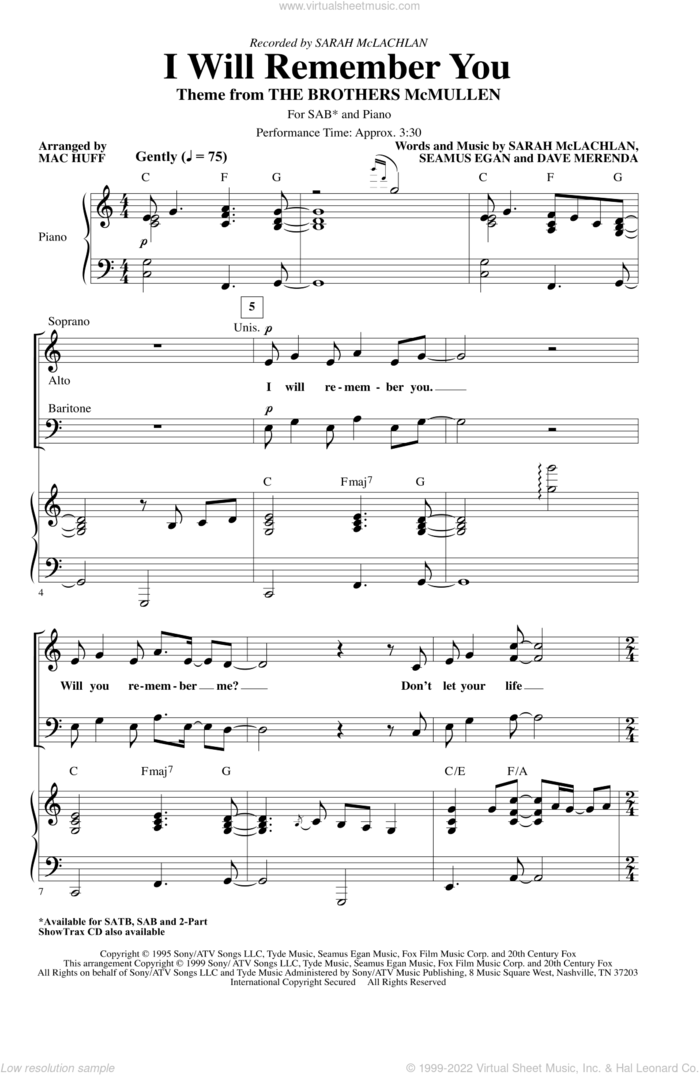 I Will Remember You (arr. Mac Huff) sheet music for choir (SAB: soprano, alto, bass) by Sarah McLachlan, Mac Huff, Dave Merenda and Seamus Egan, intermediate skill level