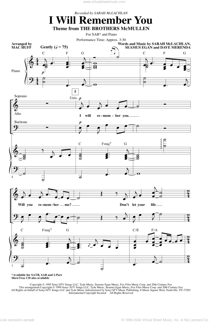 I Will Remember You (arr. Mac Huff) sheet music for choir (SAB: soprano, alto, bass) by Sarah McLachlan, Mac Huff, Dave Merenda and Seamus Egan, intermediate skill level