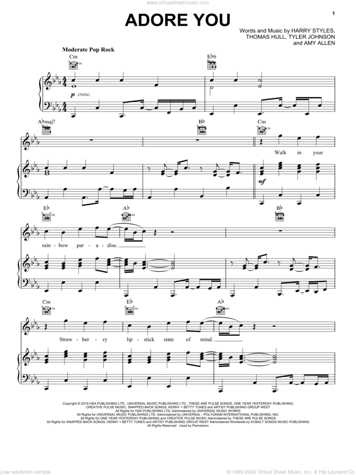 Adore You sheet music for voice, piano or guitar by Harry Styles, Amy Allen, Tom Hull and Tyler Johnson, intermediate skill level