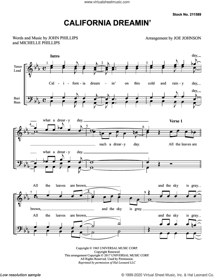 California Dreamin' (arr. Joe Johnson) sheet music for choir (TTBB: tenor, bass) by The Mamas & The Papas, Joe Johnson, John Phillips and Michelle Phillips, intermediate skill level