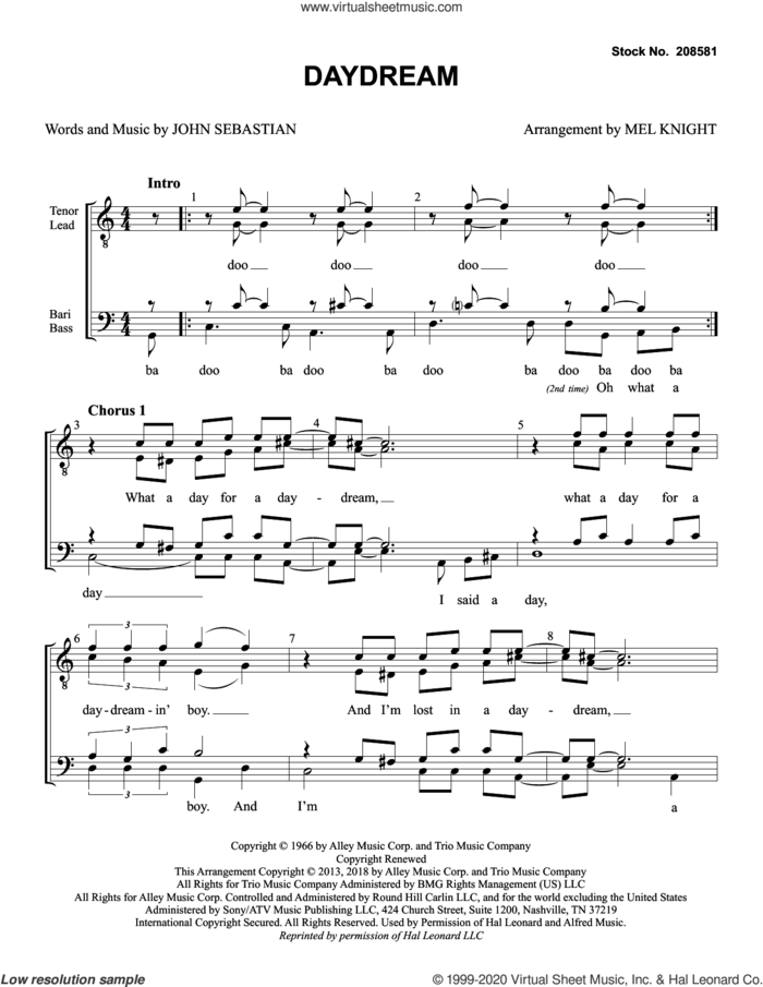 Daydream (arr. Mel Knight) sheet music for choir (TTBB: tenor, bass) by The Lovin' Spoonful, Mel Knight and John Sebastian, intermediate skill level