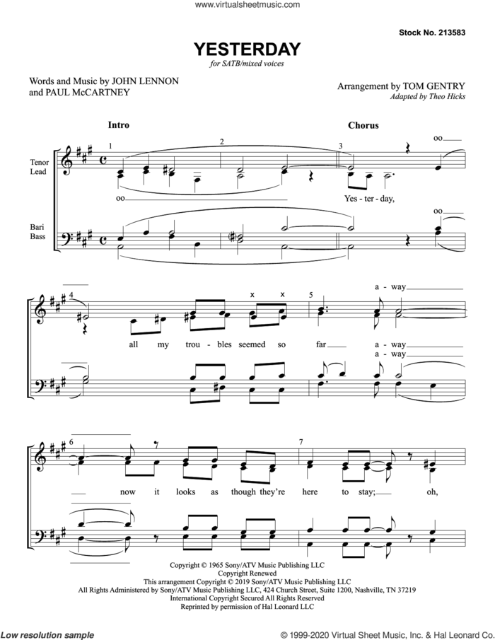 Yesterday (arr. Tom Gentry) sheet music for choir (SATB: soprano, alto, tenor, bass) by The Beatles, Tom Gentry, John Lennon and Paul McCartney, intermediate skill level