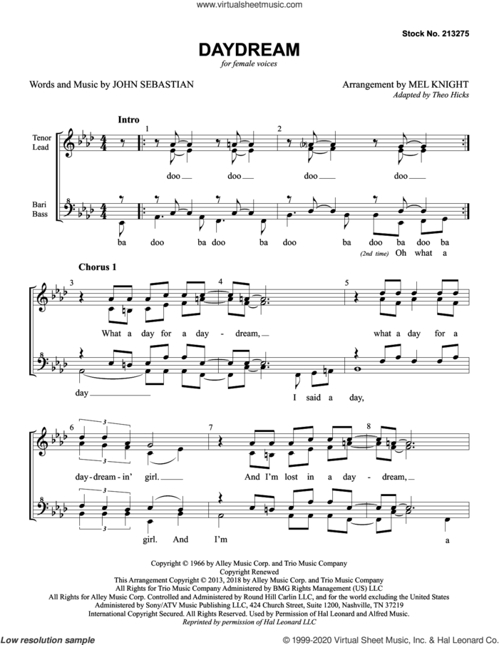 Daydream (arr. Mel Knight) sheet music for choir (SSAA: soprano, alto) by The Lovin' Spoonful, Mel Knight and John Sebastian, intermediate skill level