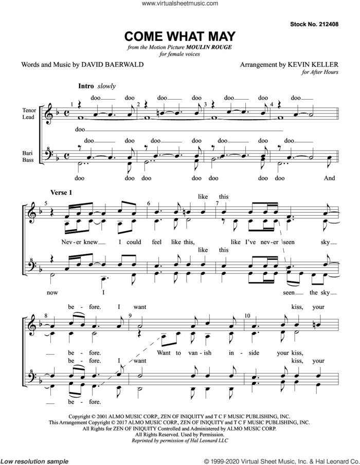Come What May (from Moulin Rouge) (arr. Kevin Keller) sheet music for choir (SSAA: soprano, alto) by Nicole Kidman & Ewan McGregor, Kevin Keller and David Baerwald, intermediate skill level