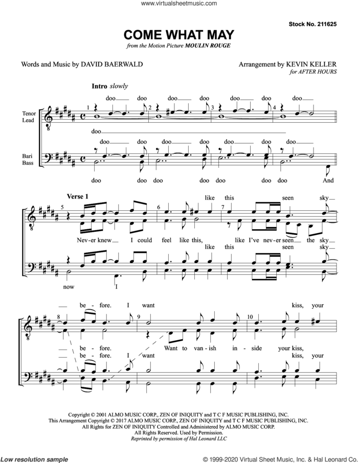 Come What May (from Moulin Rouge) (arr. Kevin Keller) sheet music for choir (TTBB: tenor, bass) by Nicole Kidman & Ewan McGregor, Kevin Keller and David Baerwald, intermediate skill level