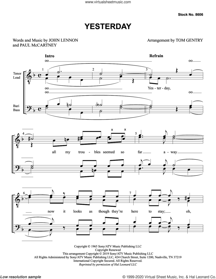 Yesterday (arr. Tom Gentry) sheet music for choir (TTBB: tenor, bass) by The Beatles, Tom Gentry, John Lennon and Paul McCartney, intermediate skill level