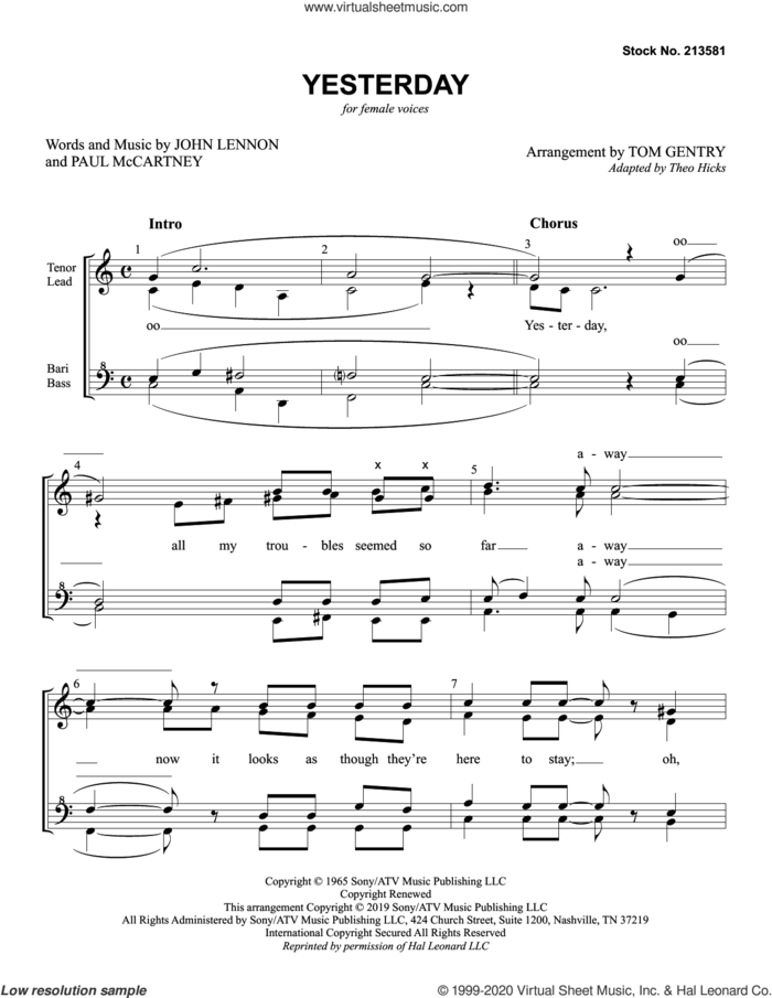 Yesterday (arr. Tom Gentry) sheet music for choir (SSAA: soprano, alto) by The Beatles, Tom Gentry, John Lennon and Paul McCartney, intermediate skill level