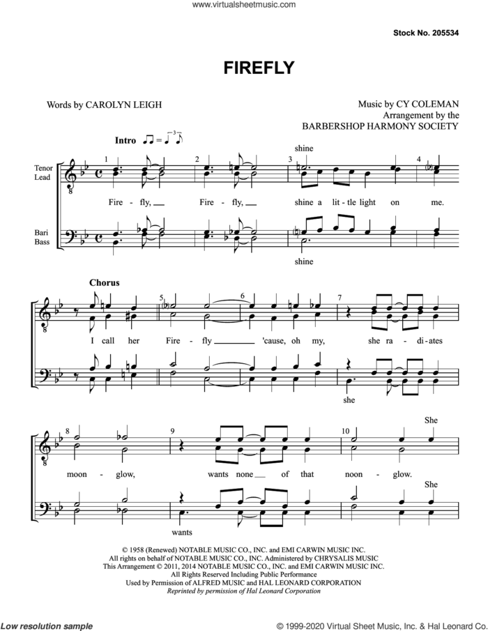 Firefly (arr. Barbershop Harmony Society) sheet music for choir (TTBB: tenor, bass) by Tony Bennett, Barbershop Harmony Society, Carolyn Leigh and Cy Coleman, intermediate skill level