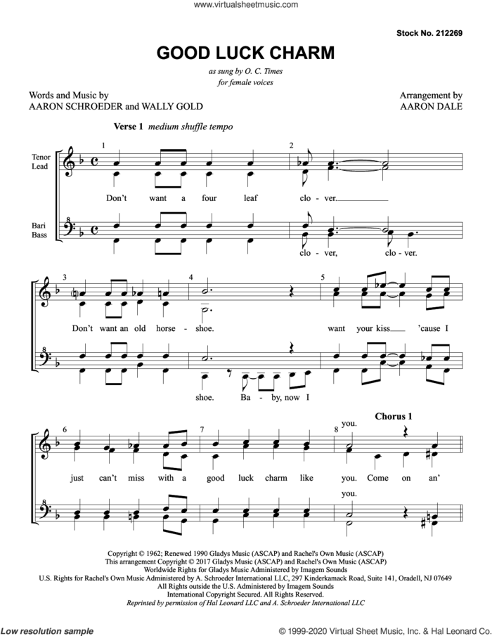 Good Luck Charm (arr. Aaron Dale) sheet music for choir (SSAA: soprano, alto) by Elvis Presley, Aaron Dale, Aaron Schroeder and Wally Gold, intermediate skill level