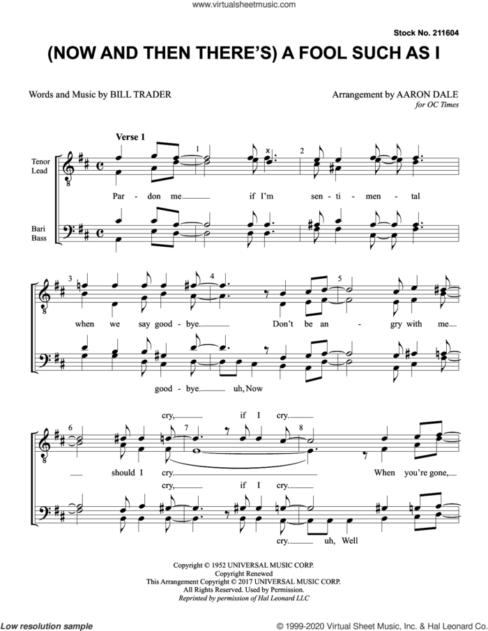 (Now And Then There's) A Fool Such As I (arr. Aaron Dale) sheet music for choir (TTBB: tenor, bass) by Bill Trader and Aaron Dale, intermediate skill level