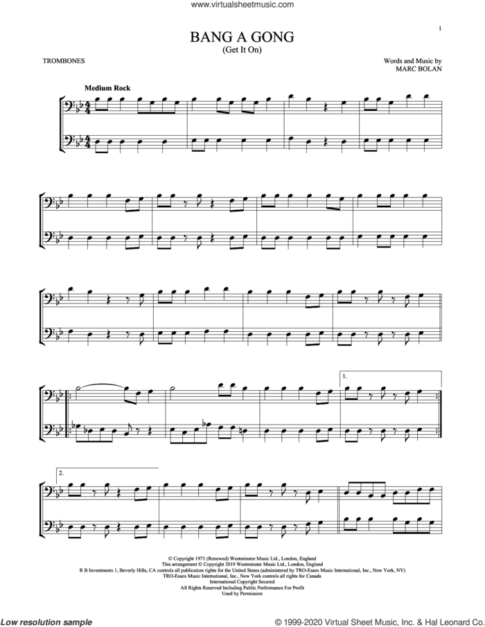 Bang A Gong (Get It On) sheet music for two trombones (duet, duets) by T Rex and Marc Bolan, intermediate skill level