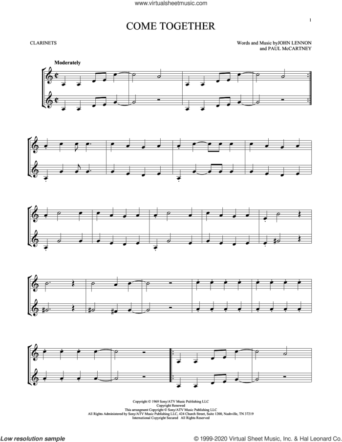 Come Together sheet music for two clarinets (duets) by The Beatles, John Lennon and Paul McCartney, intermediate skill level