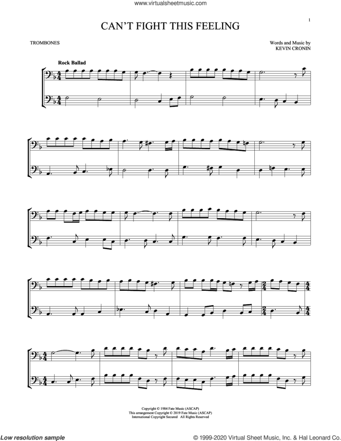Can't Fight This Feeling sheet music for two trombones (duet, duets) by REO Speedwagon and Kevin Cronin, intermediate skill level
