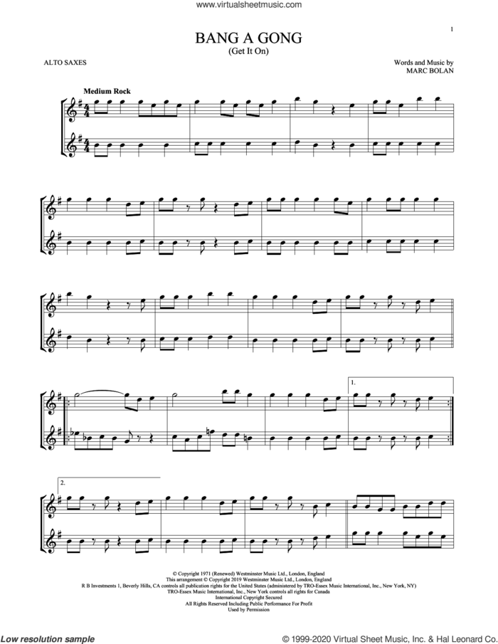 Bang A Gong (Get It On) sheet music for two alto saxophones (duets) by T Rex and Marc Bolan, intermediate skill level