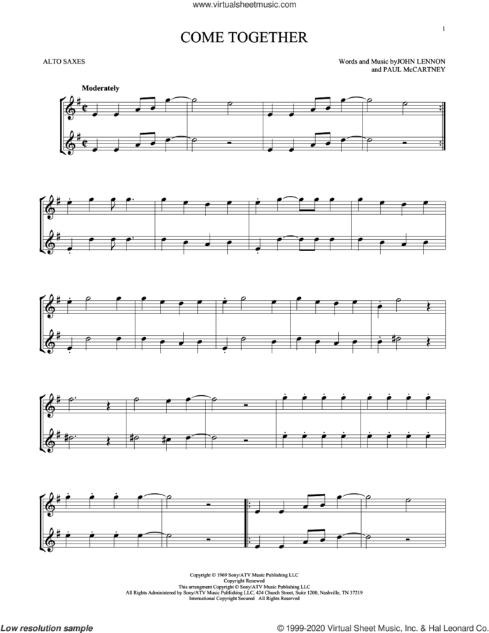 Come Together sheet music for two alto saxophones (duets) by The Beatles, John Lennon and Paul McCartney, intermediate skill level