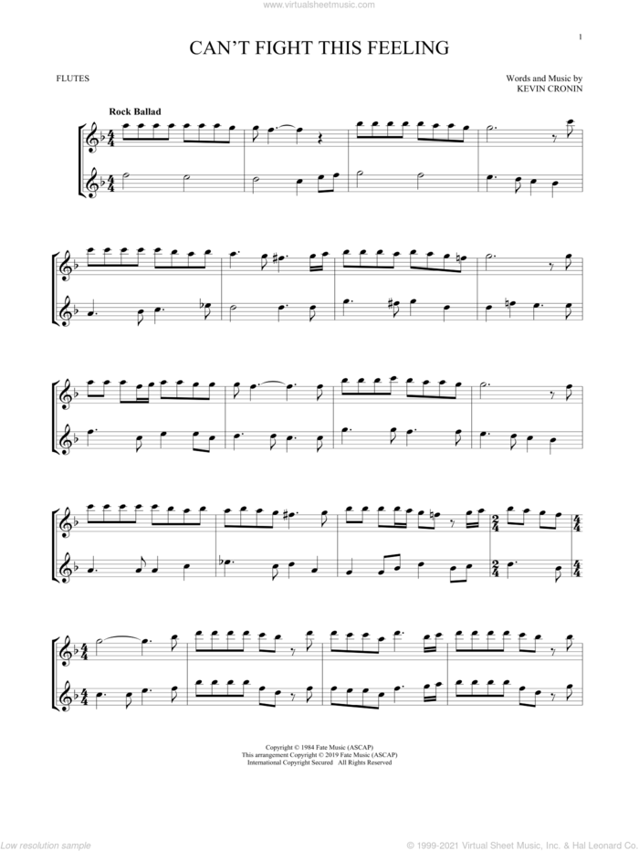 Can't Fight This Feeling sheet music for two flutes (duets) by REO Speedwagon and Kevin Cronin, intermediate skill level