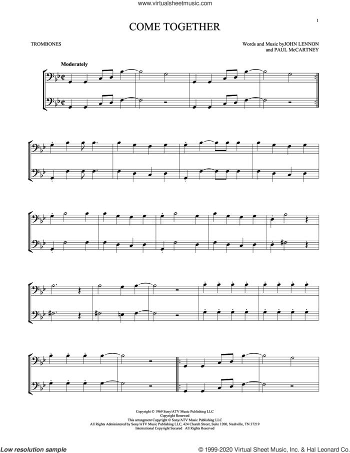 Come Together sheet music for two trombones (duet, duets) by The Beatles, John Lennon and Paul McCartney, intermediate skill level