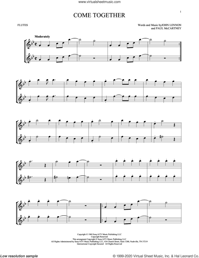 Come Together sheet music for two flutes (duets) by The Beatles, John Lennon and Paul McCartney, intermediate skill level