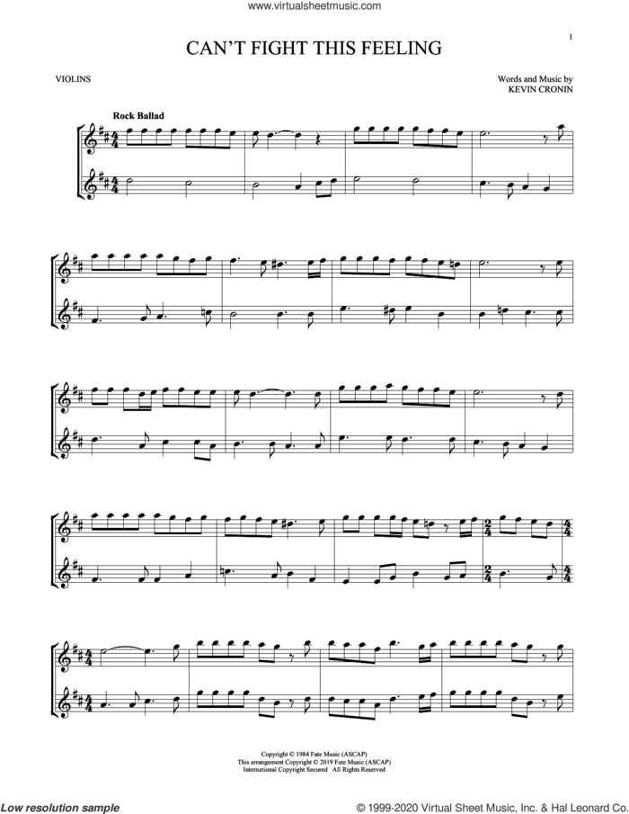 Can't Fight This Feeling sheet music for two violins (duets, violin duets) by REO Speedwagon and Kevin Cronin, intermediate skill level