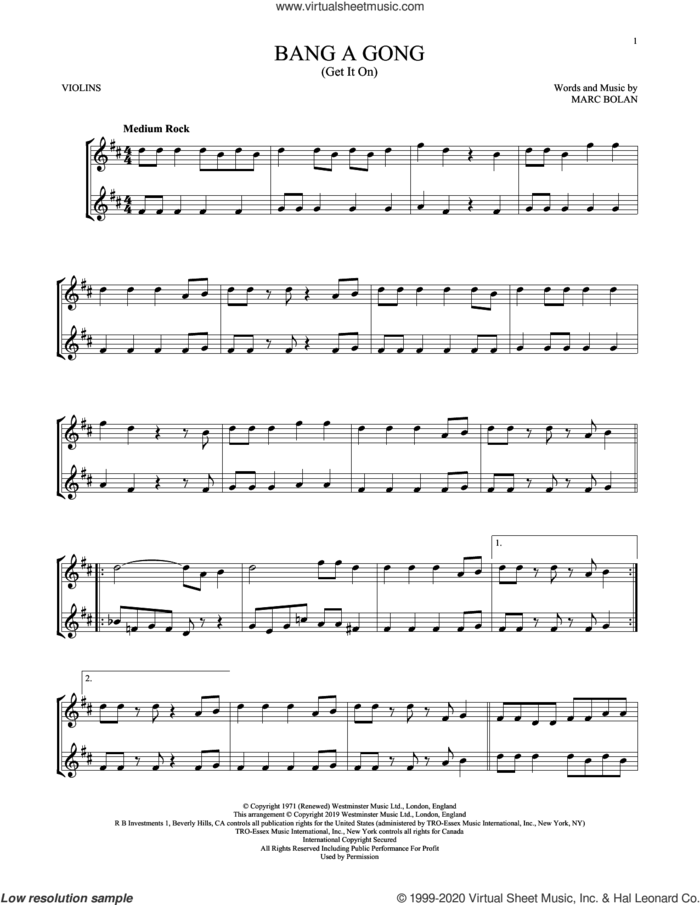 Bang A Gong (Get It On) sheet music for two violins (duets, violin duets) by T Rex and Marc Bolan, intermediate skill level