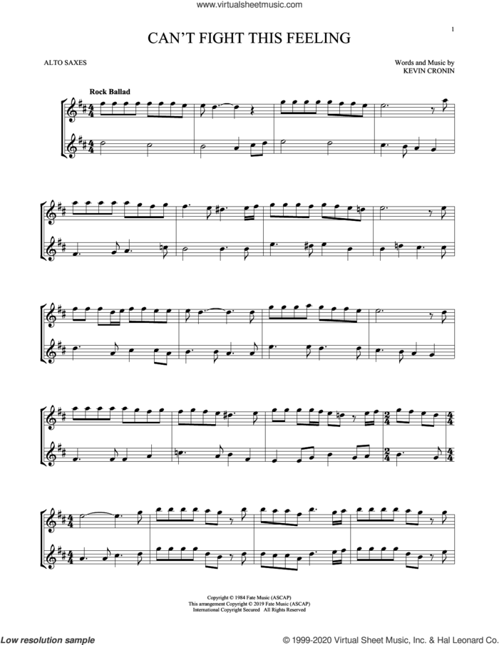 Can't Fight This Feeling sheet music for two alto saxophones (duets) by REO Speedwagon and Kevin Cronin, intermediate skill level