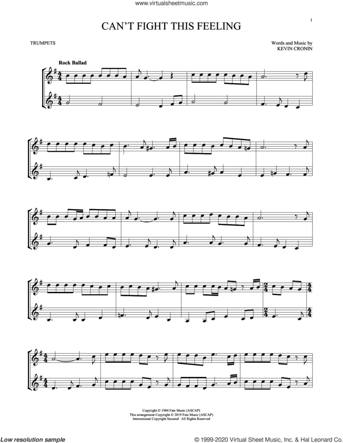 Can't Fight This Feeling sheet music for two trumpets (duet, duets) by REO Speedwagon and Kevin Cronin, intermediate skill level