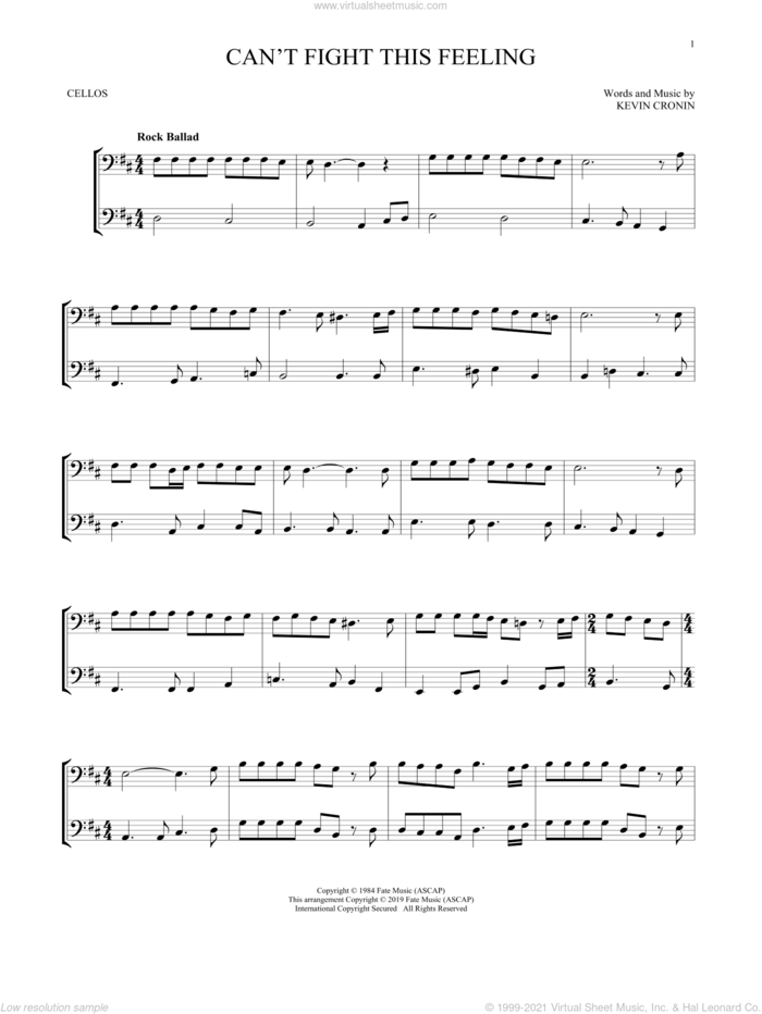 Can't Fight This Feeling sheet music for two cellos (duet, duets) by REO Speedwagon and Kevin Cronin, intermediate skill level