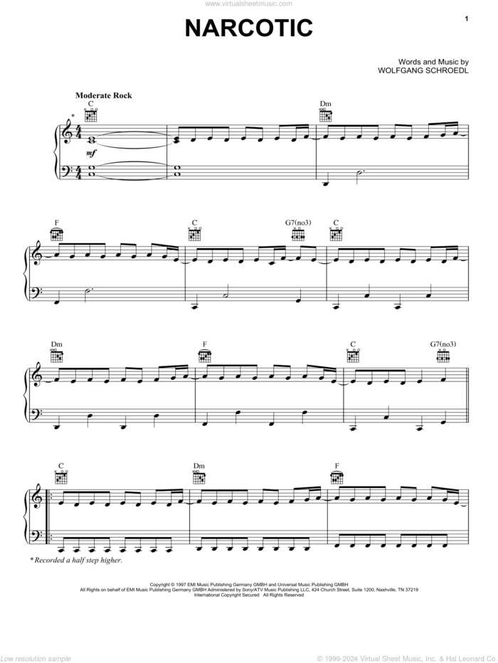 Narcotic sheet music for voice, piano or guitar by Liquido and Wolfgang Schroedl, intermediate skill level
