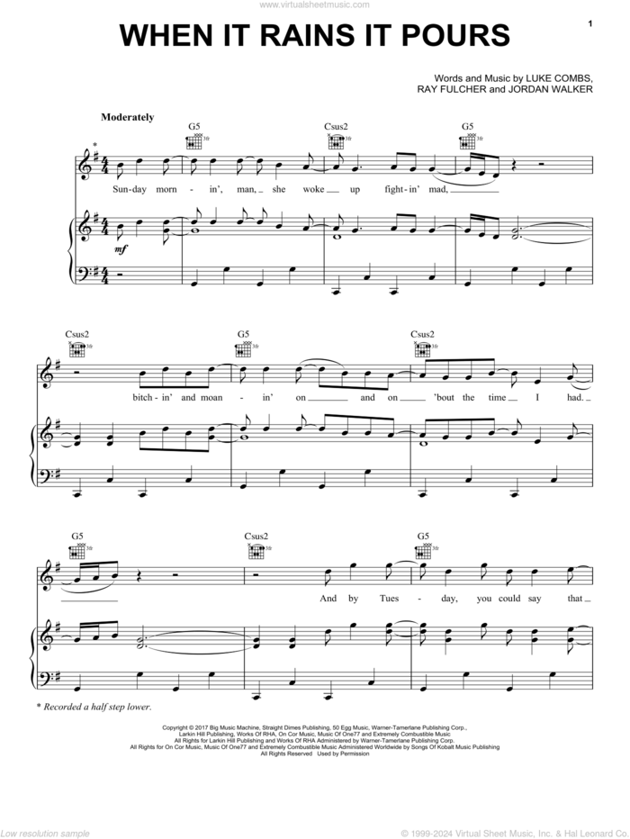 When It Rains It Pours sheet music for voice, piano or guitar by Luke Combs, Jordan Walker and Ray Fulcher, intermediate skill level