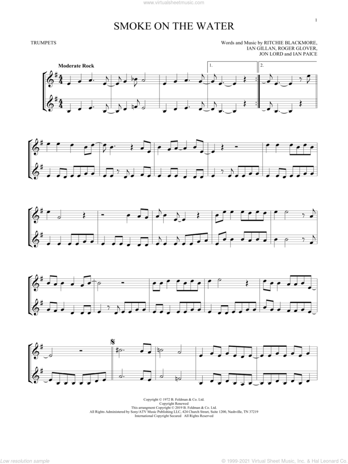 Smoke On The Water sheet music for two trumpets (duet, duets) by Deep Purple, Ian Gillan, Ian Paice, Jon Lord, Ritchie Blackmore and Roger Glover, intermediate skill level